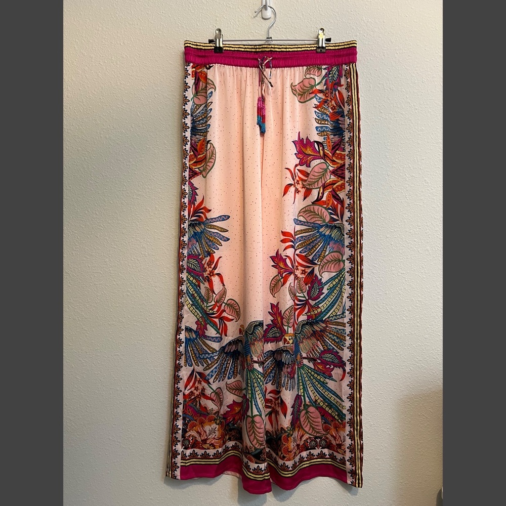 #1648 Rachel Zoe Satin Lounge Wide Leg Pants Tropical Floral size Large - Picture 3 of 6